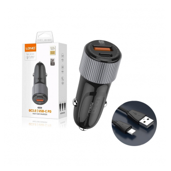 Auto punjac LDNIO C510Q PD/ QC3.0 38W (total) sa USB na Type-C kablom crni
