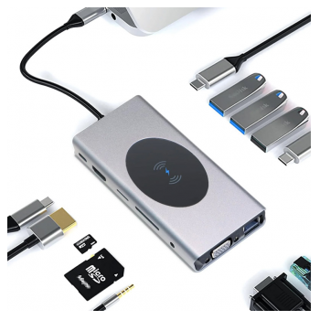 Docking station / HUB  Type-C na LAN Gb, Wireless PC, SD card, TF, Type-C, 3xUSB 3.0, 2xUSB 2.0, Audio, HDMI i VGA 13 u 1 20cm kabl