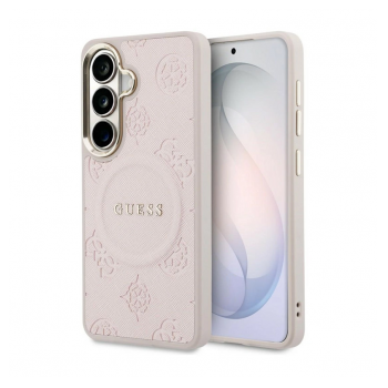 Maska Guess Saffiano Peony Embossed Ring MagSafe za Samsung S26/ S941B roze