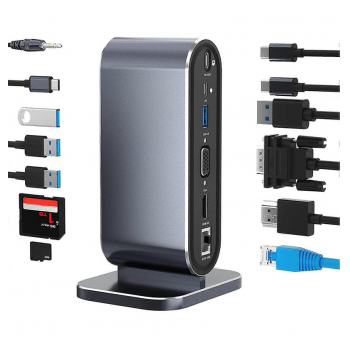 Docking station / HUB Type-C na LAN Gb, SD card, TF, PD, Type-C, 4xUSB 3.0, Audio, HDMI i VGA 12 u 1 sa postoljem