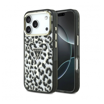 Maska Guess IML Leopard Glitter Triangle MagSafe za iPhone 17 Pro/ 18 Pro crna